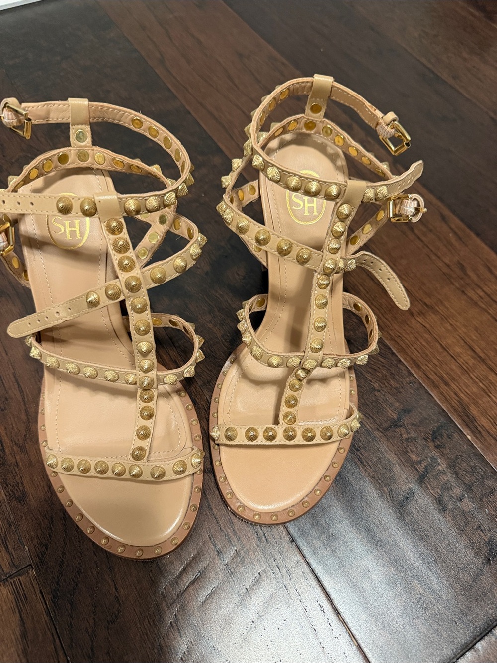 Ash Nude Gladiator Heeled Sandals with Gold Studs